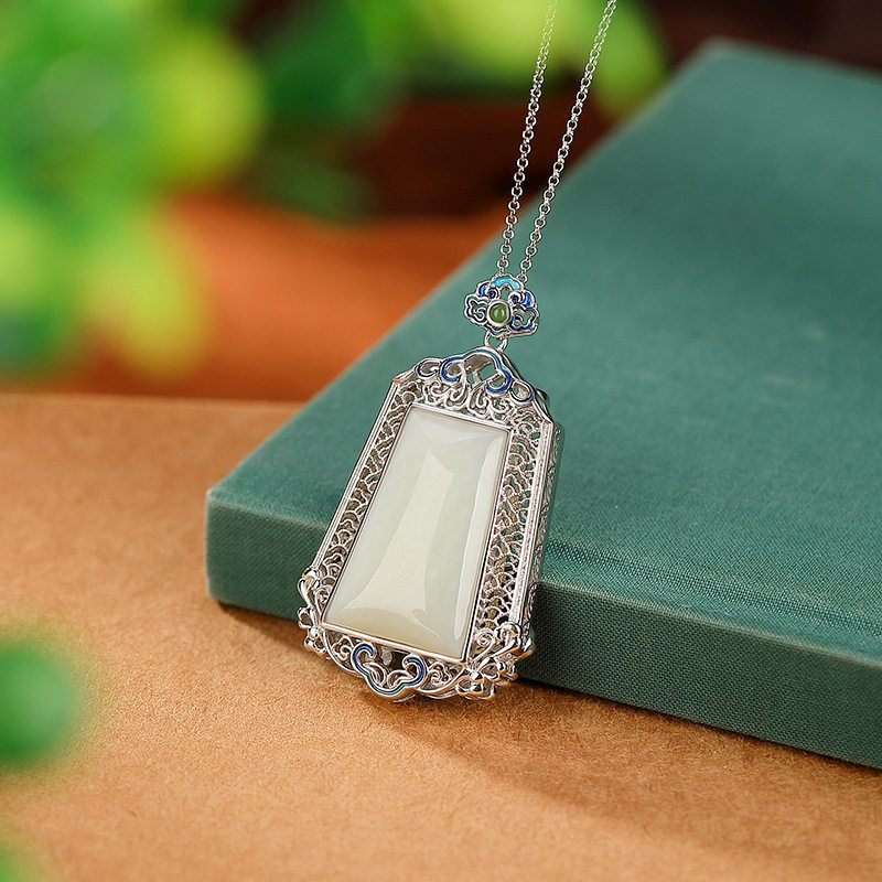 通体S925纯银和田玉碧玉国潮珐琅吉祥如意祥云无事牌吊坠银挂坠