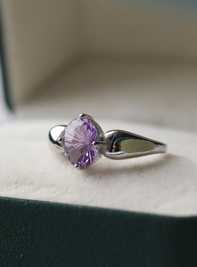 轻奢高级感天然紫水晶烟花切割完美蛋面戒指银紫水晶开口指环