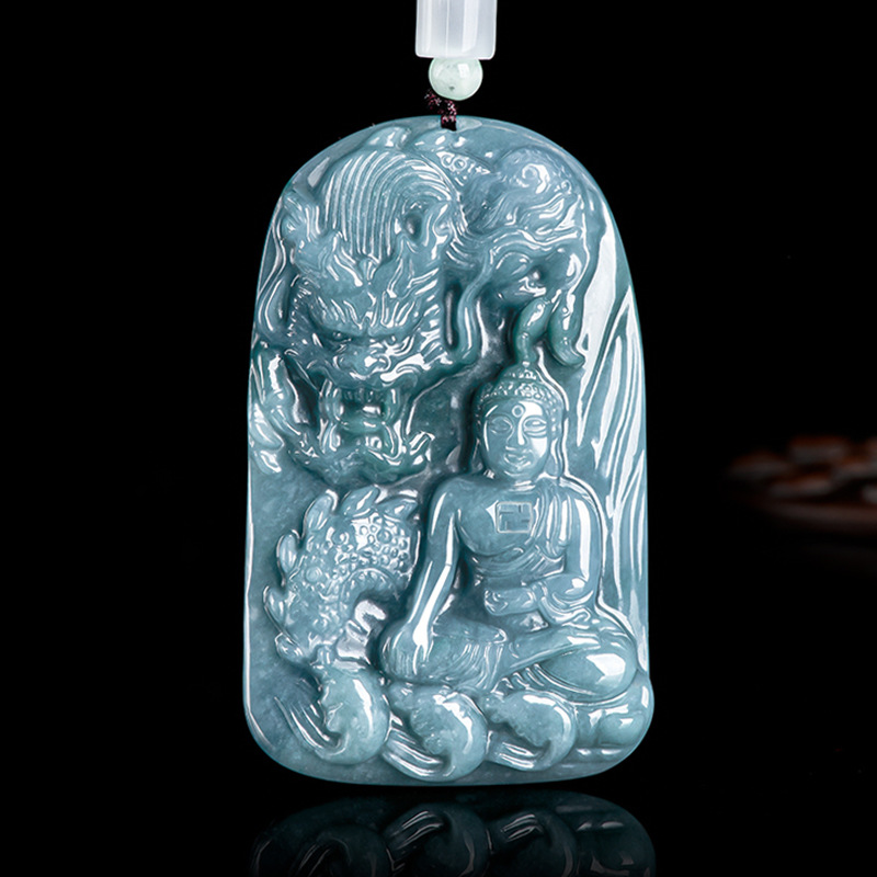 天然老料a货翡翠蓝水神龙佛祖龙牌生肖龙玉石吊坠男女款挂件
