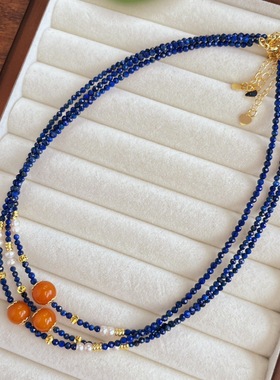 复古美拉德风天然高品质黄老蜜蜡天然青金石淡水珍珠项链