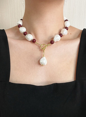 复古高品质高光人造巴洛克珍珠设计感锁骨链项链毛衣链