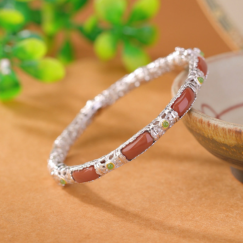 通体S925纯银镀金和田玉碧玉南红复古唐草纹镂空无事牌手镯手环