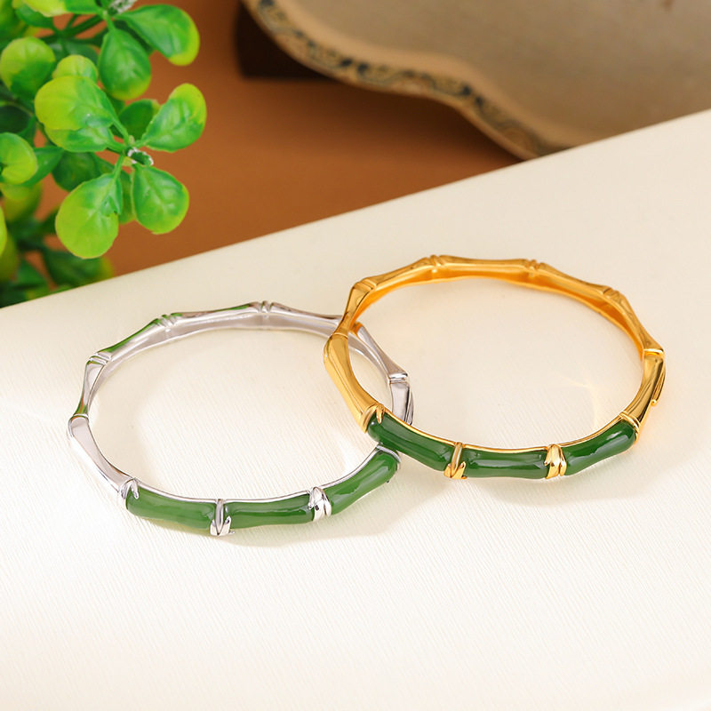 通体S925纯银镀金和田玉碧玉复古竹节竹叶手镯节节高升开口手环