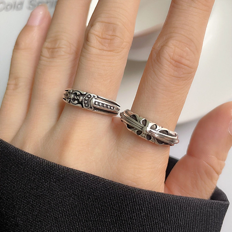 泰银饰品个性街头十字架开口指环小众纯银戒指女