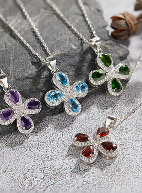 定制S925纯银四叶草项链女镶天然石榴石托帕石透辉石彩宝高档吊坠