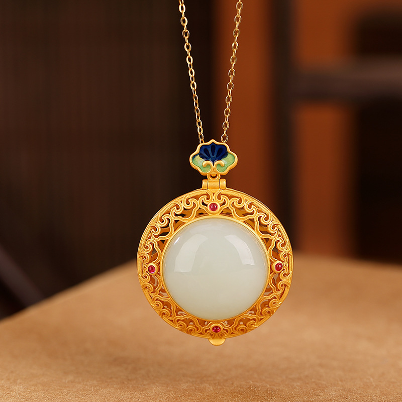 通体S925纯银镀金和田玉新中式国潮珐琅祥云如意镂空香囊盒吊坠