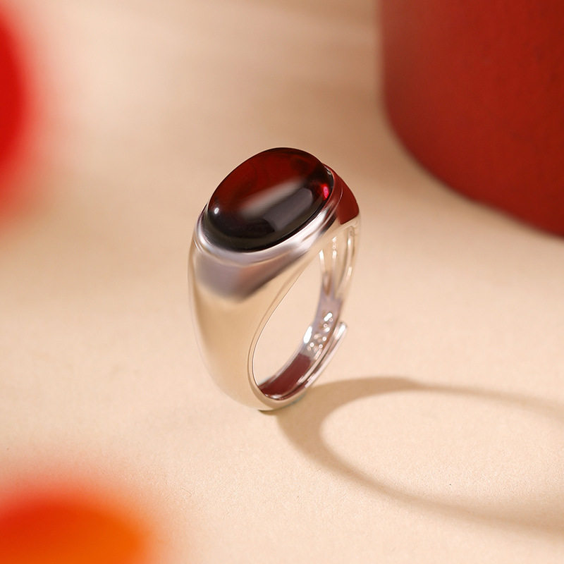 通体纯银S925纯银血珀复古轻奢简约蛋面戒指时尚气质百搭开口指环