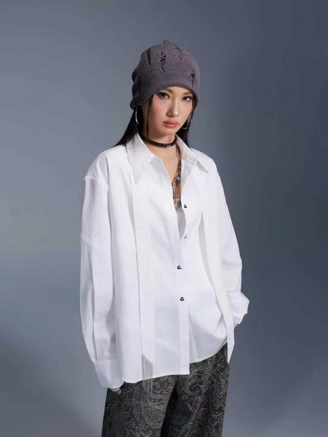 拓谷专柜正品2026秋季新款时尚百搭宽松显瘦带领带衬衫女潮C62529图片