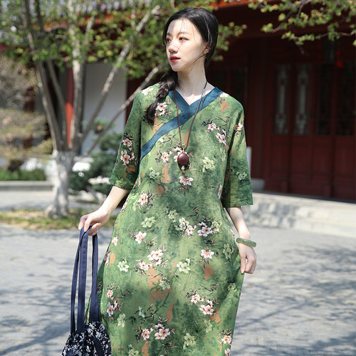 禅意茶服棉麻碎花气质连衣裙