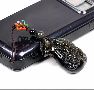 天然冰种彩眼黑曜石貔貅钱袋手机链黑耀石手机挂件手机饰品