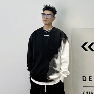 渐变拼接美式 杠叔加绒卫衣男秋冬季 潮牌设计感潮流休闲宽松圆领潮