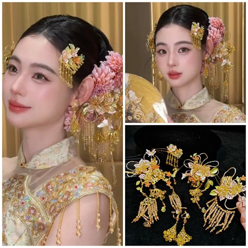 粉金色新中式新娘头饰手作秀禾礼服晨袍头饰婚礼新娘跟妆14013