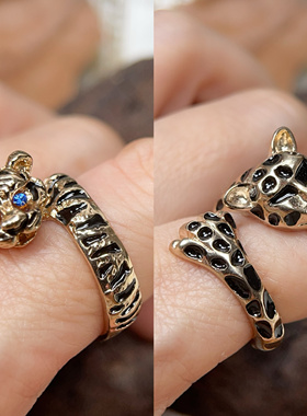 复古小众设计感潮酷滴釉猎豹老虎戒指欧美轻奢锆石食指环满25包邮