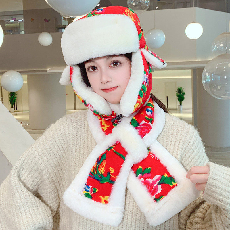 东北大花雷锋帽女冬季时尚复古保暖护耳帽户外休闲滑雪帽棉帽子潮