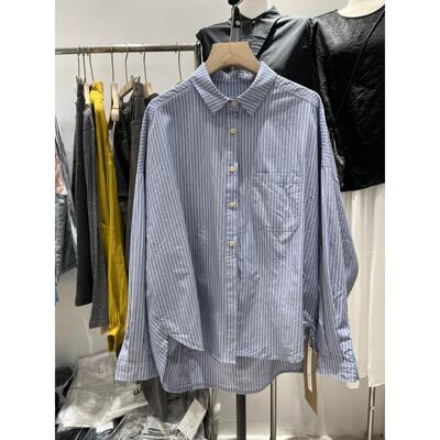 实体女装5senses+清新蓝白条纹衬衫潮蝠春季宽显瘦蝙袖前松短后龟