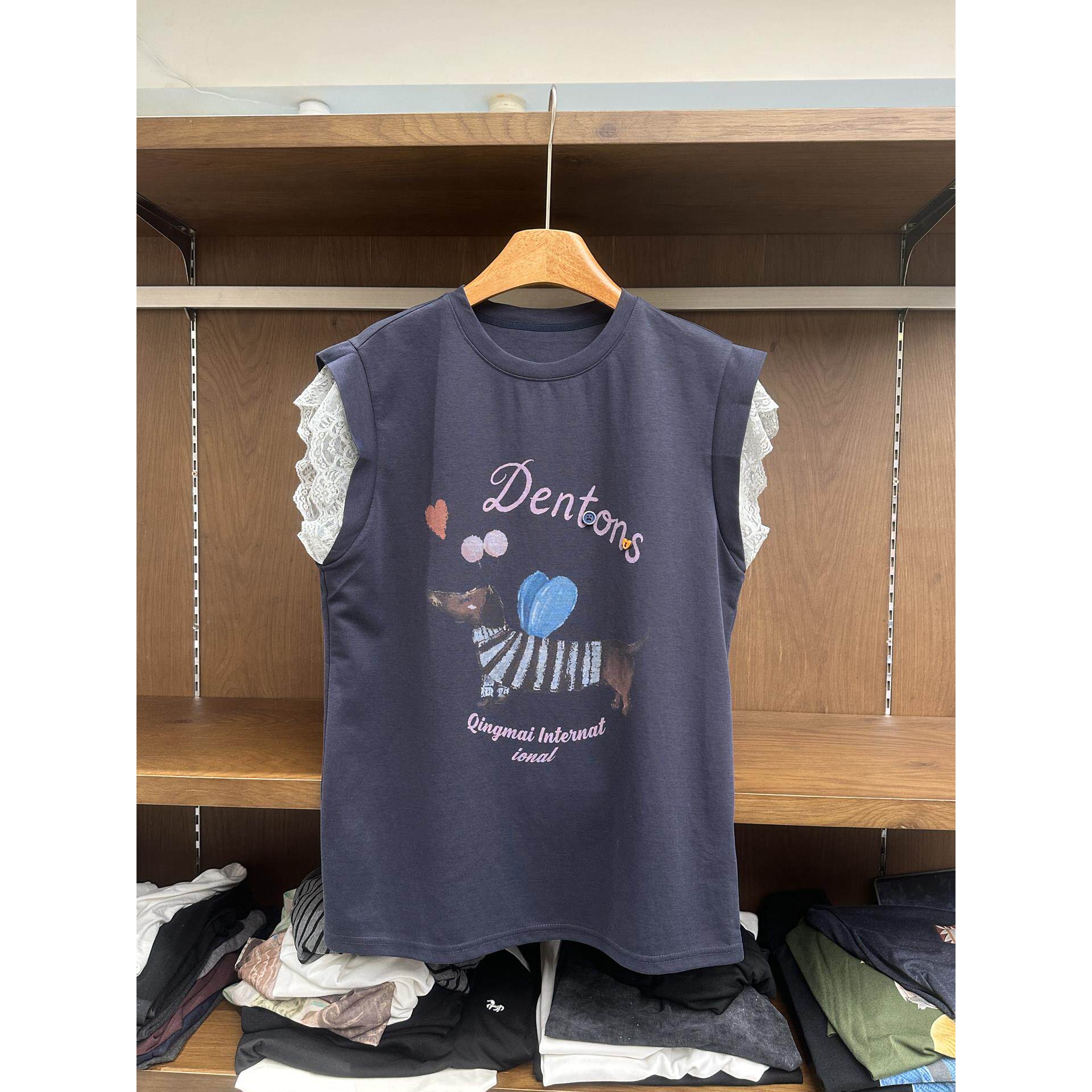 实体女装设计感两件蕾丝小穿狗T恤假潮夏季圆领显瘦休袖闲外无袖