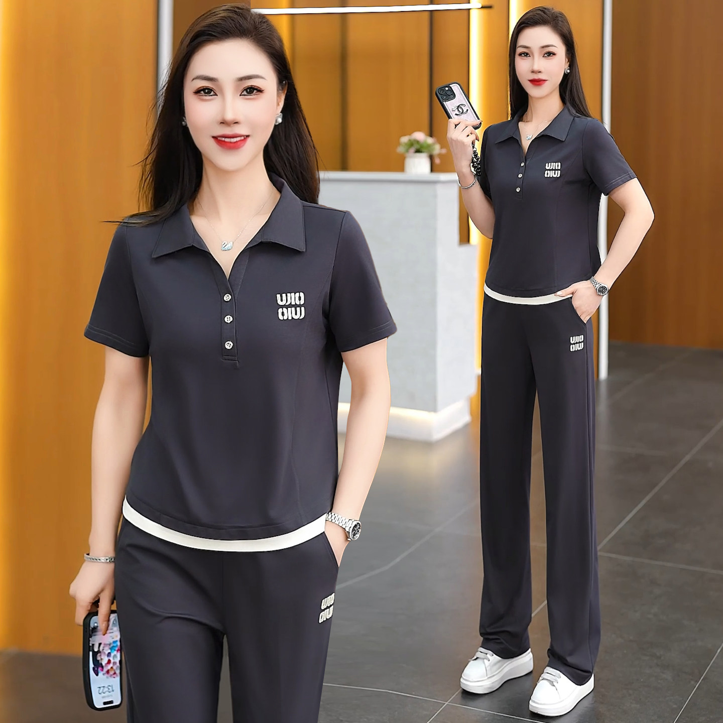 夏季薄款运动套装女2026新款时尚翻领减龄妈妈显瘦冰丝休闲两件套