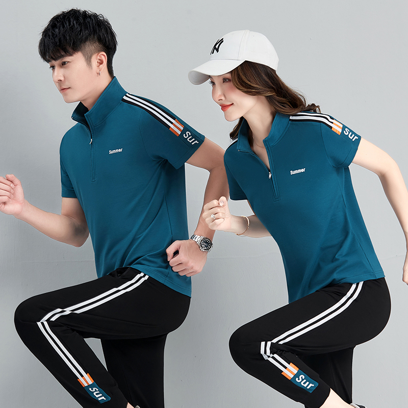 2025新款纯棉运动服套装男女情侣夏装团队时尚休闲短袖长裤两件套