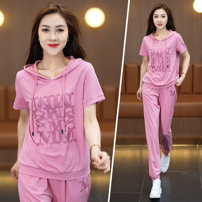 2025夏季短袖束脚连帽运动套装女