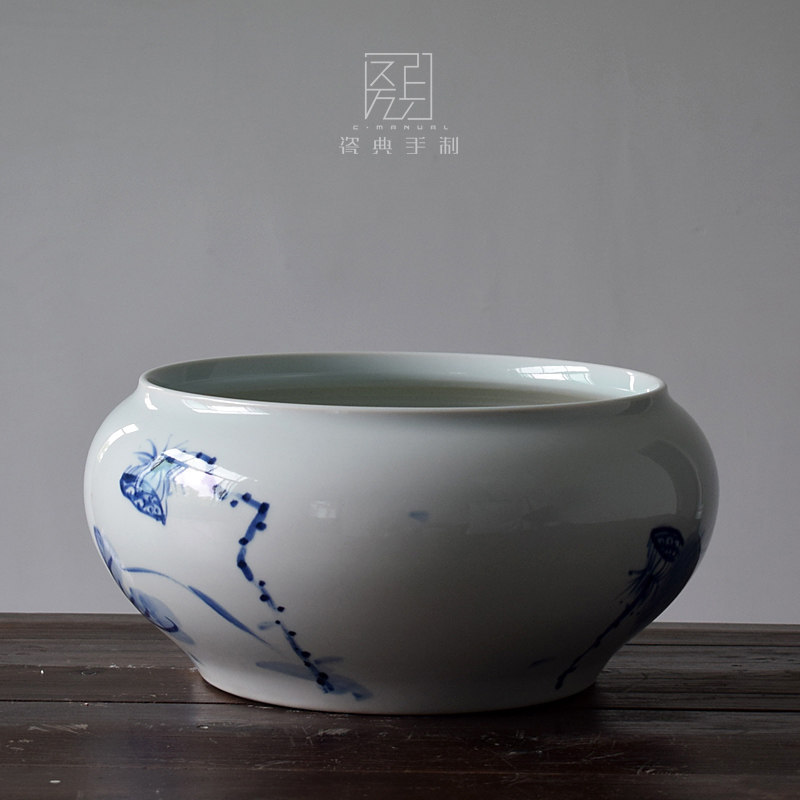 景德镇手绘青花家用古法陶瓷鱼缸大号乌龟缸水培植物荷花盆摆件