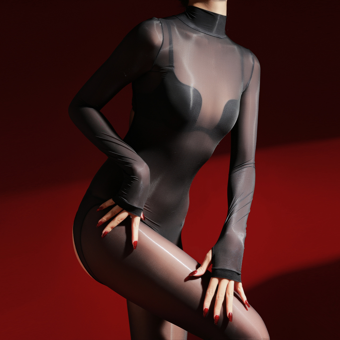 琉光高领全包开档超薄连体袜全身