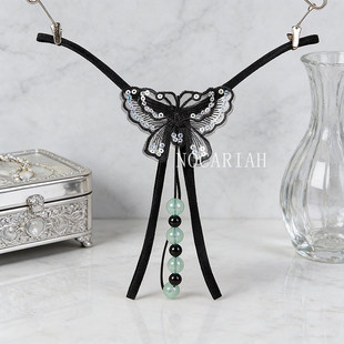 女式蝴蝶内裤女夜光珍珠丁字裤一字性感免脱开裆夜光珍珠T裤珠链