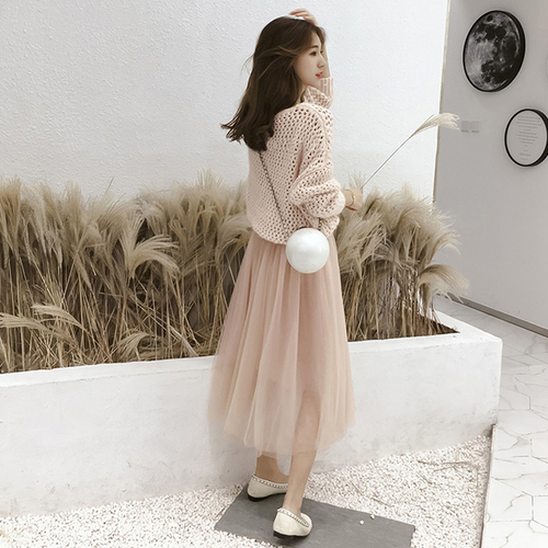 French Platycodon grandiflorum first love skirt 2021 new fairy net skirt suit loose knit sweater two piece set