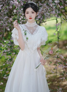 跨境重工白色仙气飘逸蕾丝拼接大摆连衣裙女古着伴娘礼服长裙子