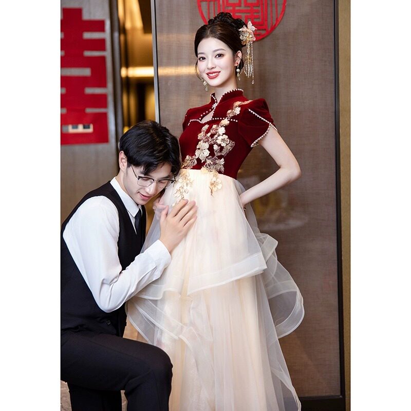 红色敬酒服新娘结婚孕妇回门便装高级感订婚礼服裙婚纱大码胖mm女