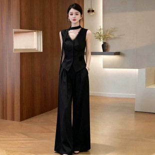 御姐高级感时尚套装女夏季爆款韩版气质黑色无袖上衣阔腿裤两件套