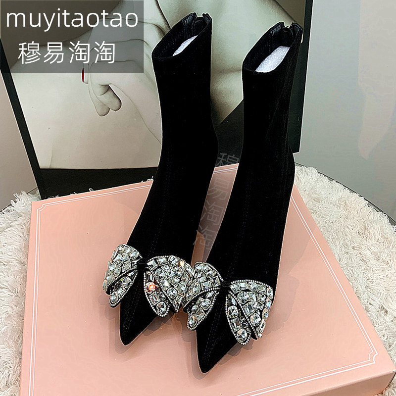 尖头精致小短靴漂亮水钻蝴蝶结高跟瘦瘦靴黑色靴子女2025新款冬