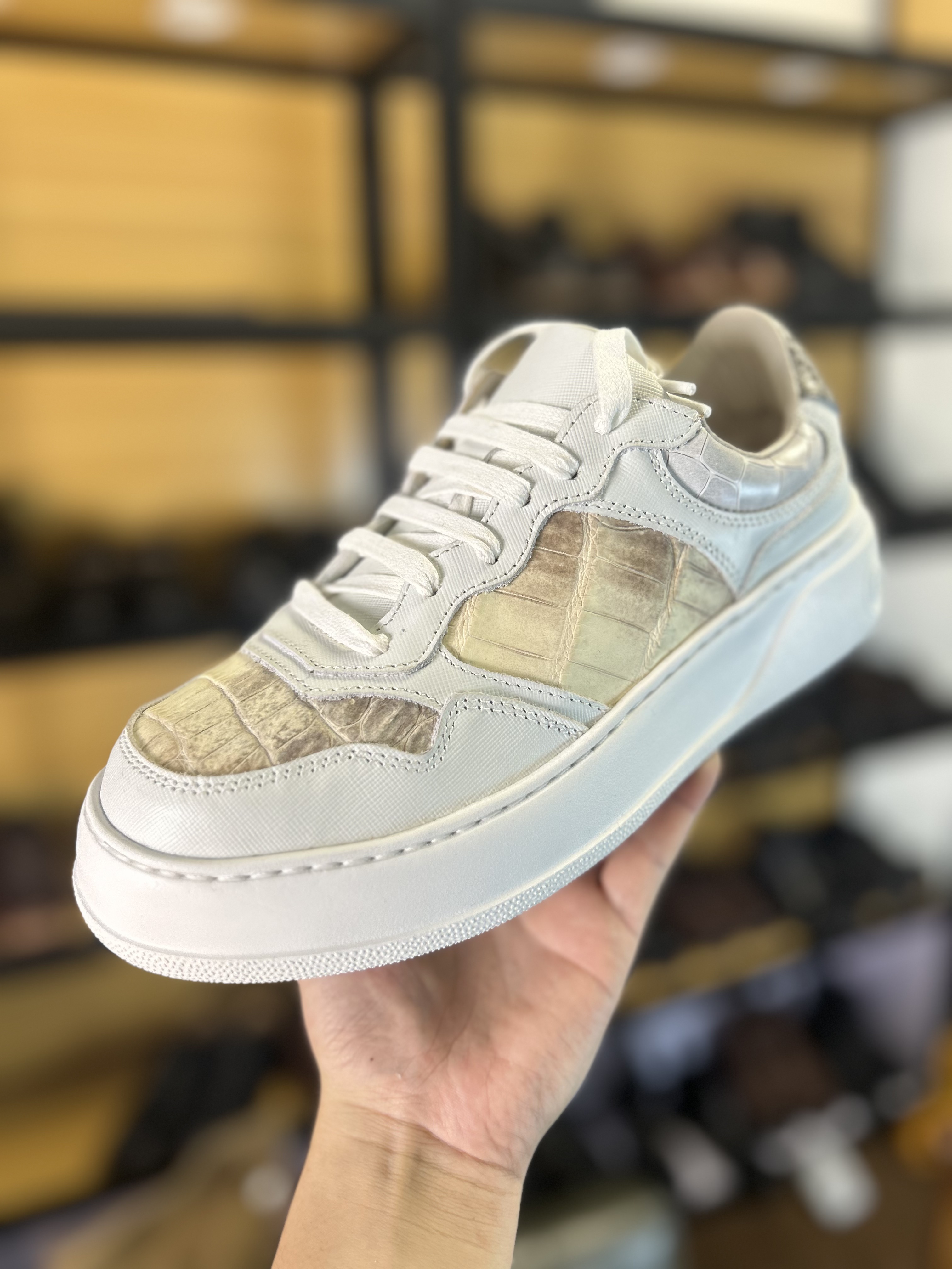 喜马拉雅鳄鱼皮手工鞋饼干鞋男士真皮休闲板鞋厚底松糕鞋稀有高档