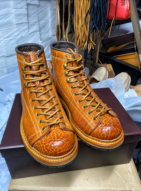 重工野牛皮短脸靴固特异手工定制情侣圆头工装靴复古马丁靴伞兵靴