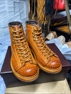 重工野牛皮短脸靴固特异手工定制情侣圆头工装靴复古马丁靴伞兵靴