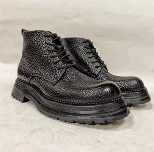 野牛皮厚底靴男士重工真皮马丁靴手工靴中帮靴真皮大底工装