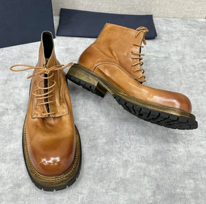 固特异重工水洗马皮短靴男增高厚手工擦色真皮大底复古马丁靴手缝