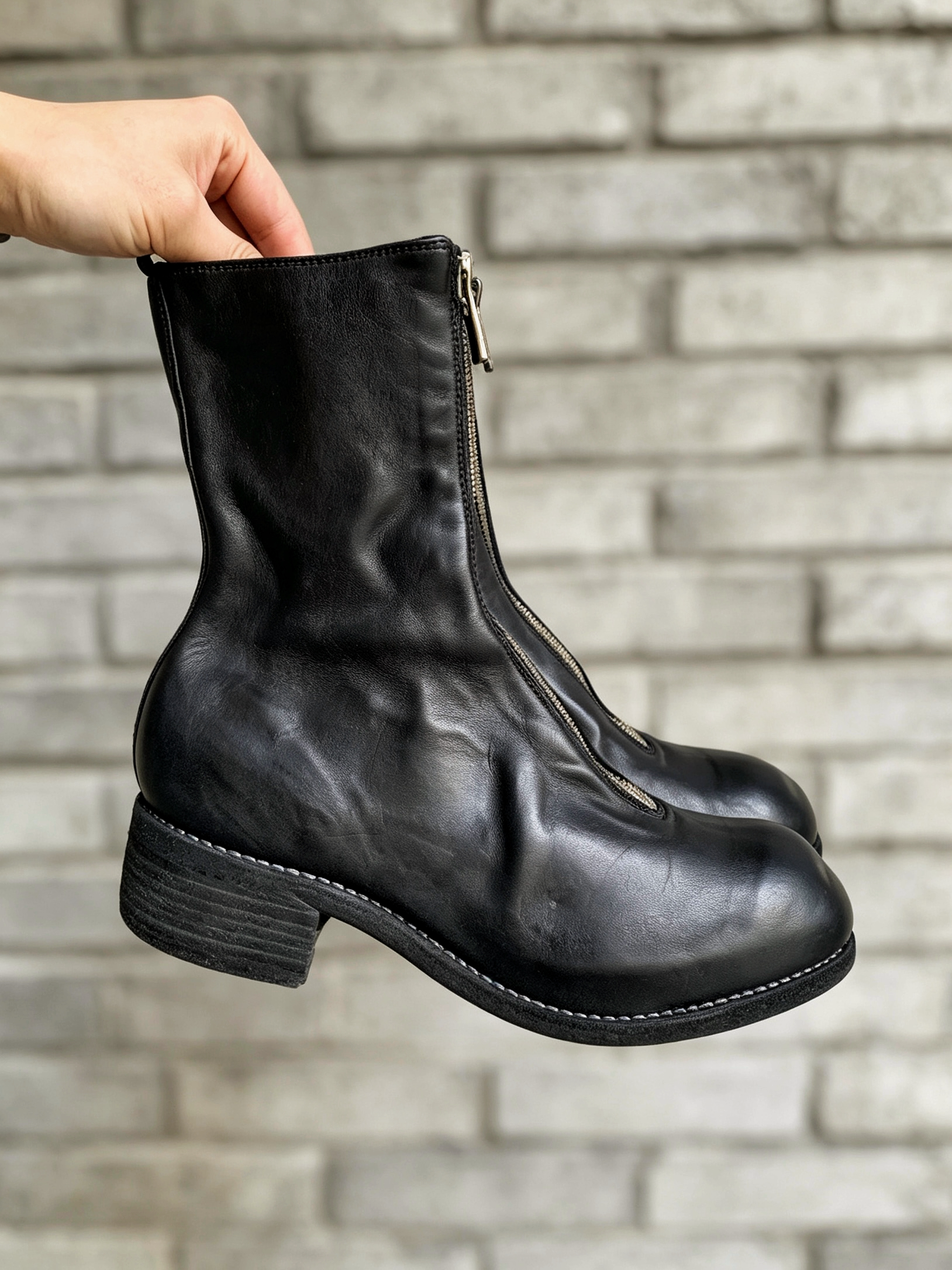 手作固特异水洗马皮靴4.5cm中跟前拉链短靴男女同款真皮靴全皮底