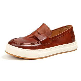 板鞋 男士 休闲鞋 男 开车皮鞋 一脚蹬男鞋 水洗马皮乐福鞋 复古做旧皮鞋