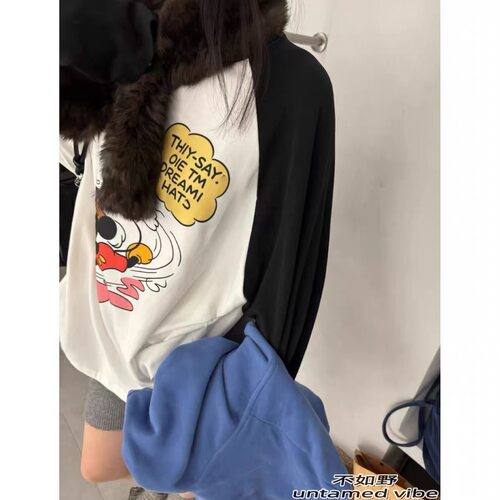 東ROOM复古拼接风米奇印花长袖T恤女宽松圆领插肩袖黑白撞色上衣