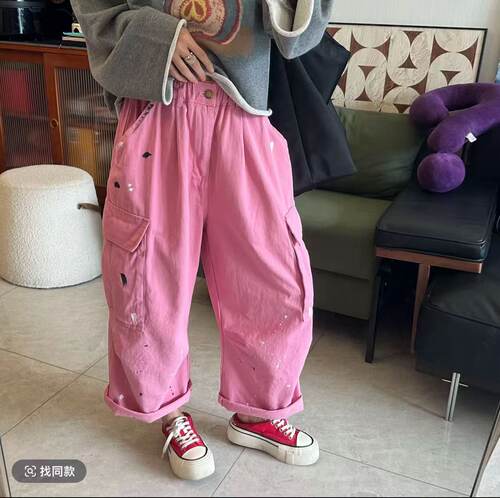 WE2026秋季新款韩版时尚美式复古泼墨印花宽松工装裤女