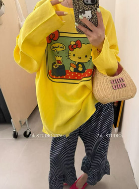 東room2026夏季卡通印花长袖T恤女宽松中长款棉麻可爱休闲防晒衣