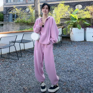 欧货卫衣套装女2023春新款宽松显瘦抽绳连帽上衣阔腿裤休闲两件套