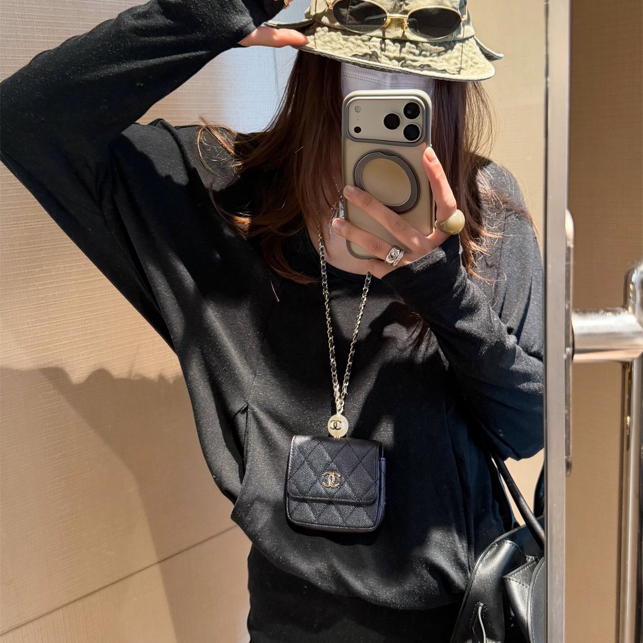 V领蝙蝠袖宽边收腰插袋长袖T恤韩系小心机隐形大口袋设计黑白咖色