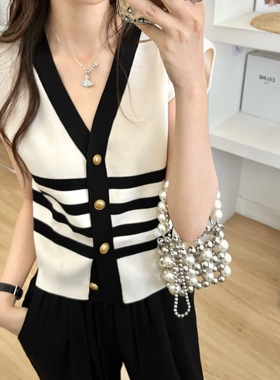 高阶优雅香风V领针织无袖背心马甲上衣韩国小姐姐夏日清爽黑白色