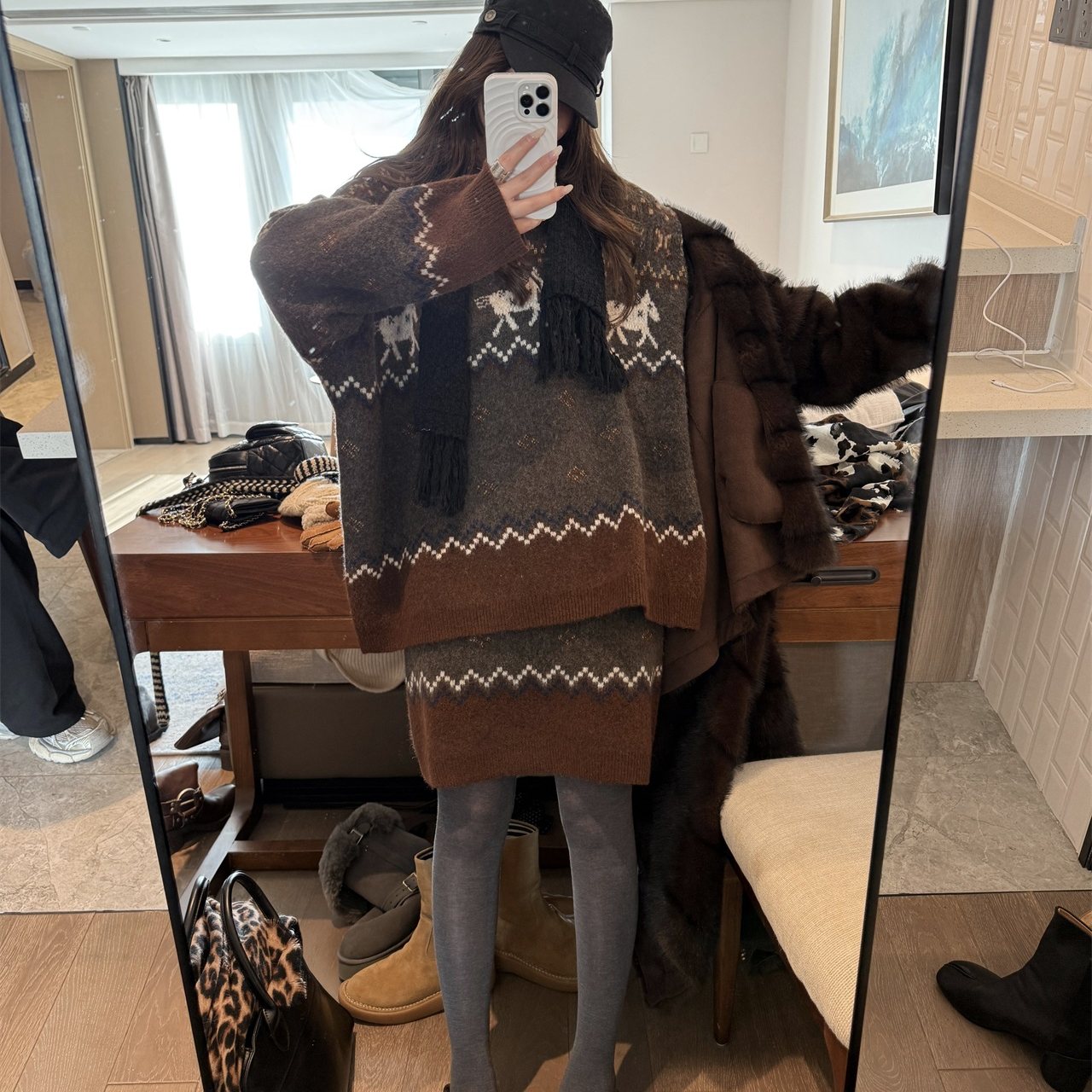 费尔岛提花毛衣短裙套装两件套