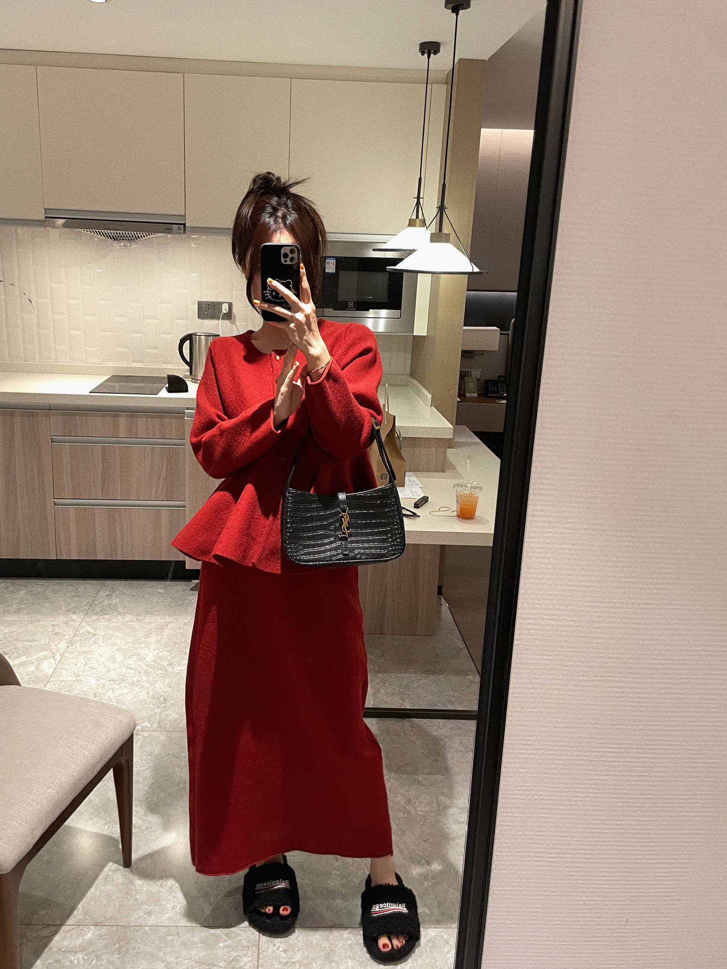 优雅女人味荷叶下摆毛衣半身裙套两件套韩国风甜美可爱乳白色红色