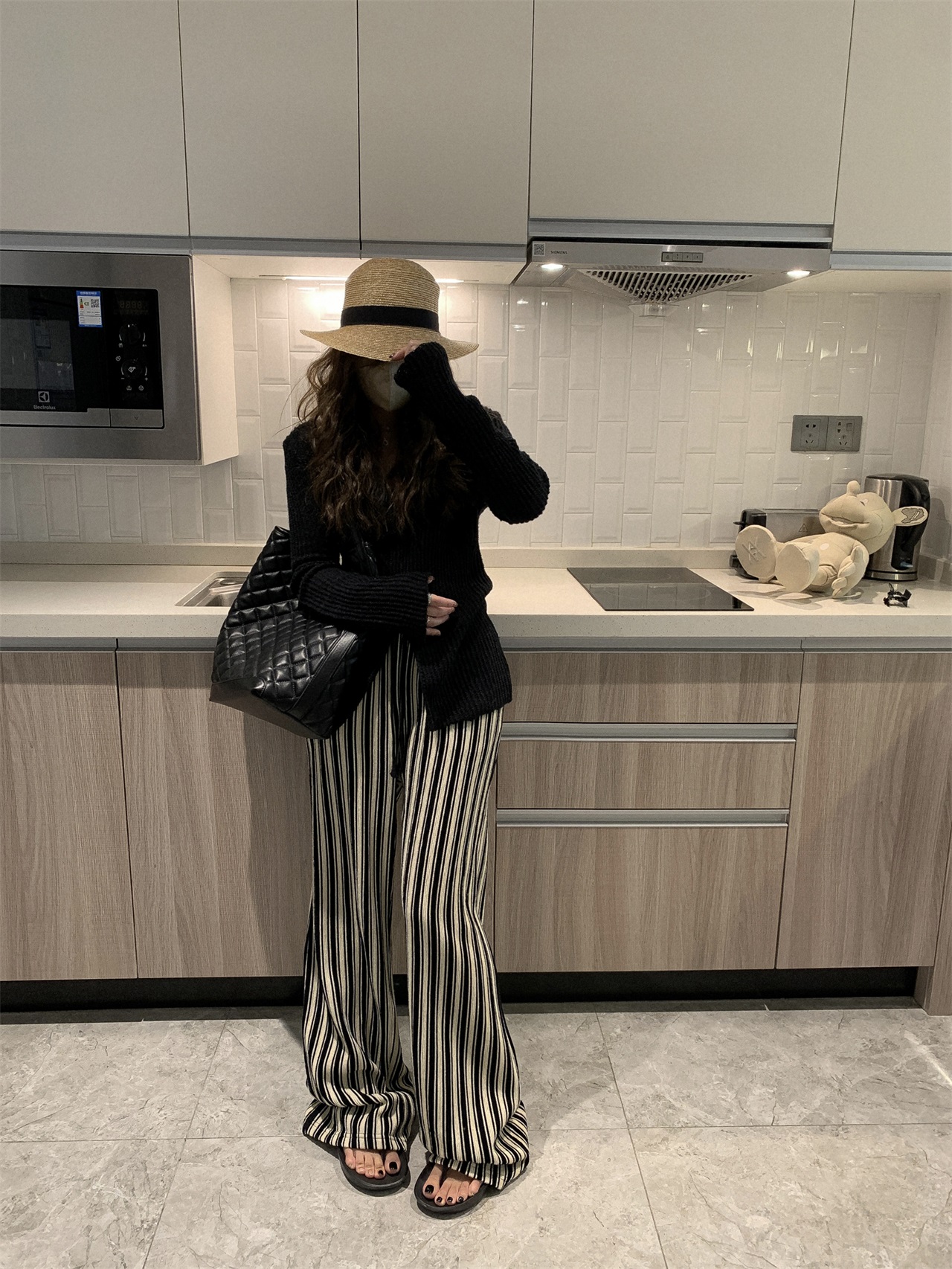 条纹针织长裤舒适抽绳松紧