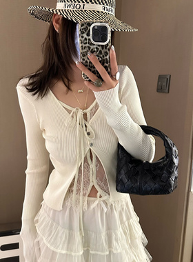 假两件蕾丝拼接针织衫开衫韩国风性感妩媚女人味修身显瘦黑色米杏
