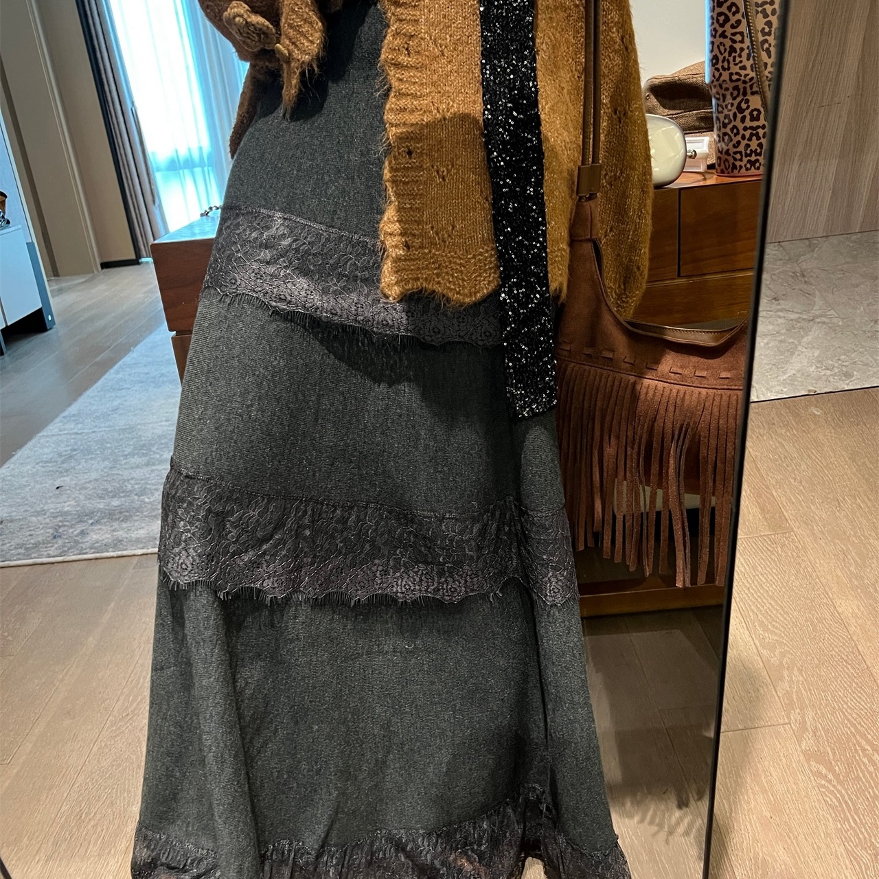 双层设计蕾丝拼接针织裙半身裙