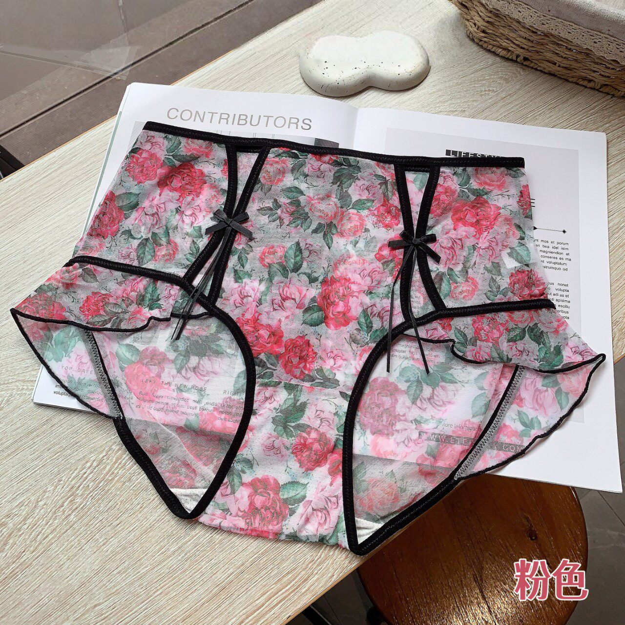 三角内裤胖MM高腰印花网纱女裤头